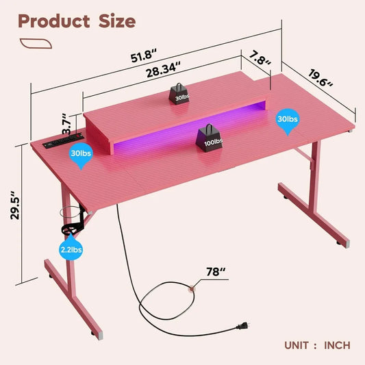 52" Pink Gaming Desk โ with LED Lights, Power Outlet, Monitor Stand & Headphone Hook