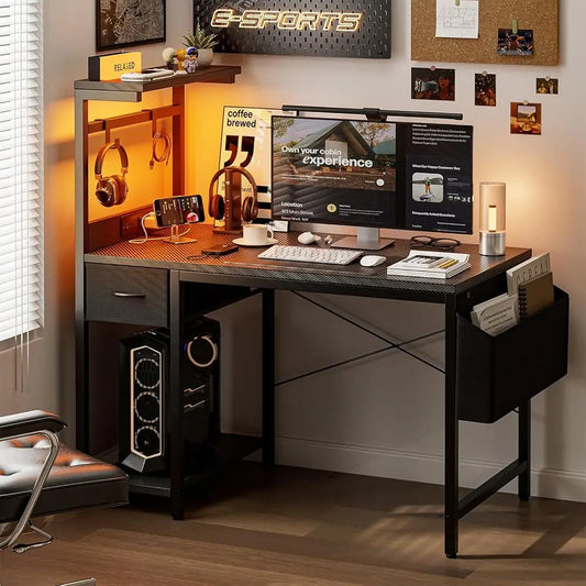 40" Gaming Desk with Power Outlet & LED Lights โ Compact Computer Desk with Reversible Shelves & Storage Drawer
