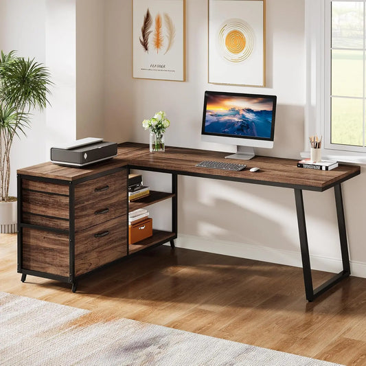 53" L-Shaped Office Desk – Reversible Computer Desk with 3 File Drawers & 2 Storage Shelves for Home Office, Study, or Gaming Room