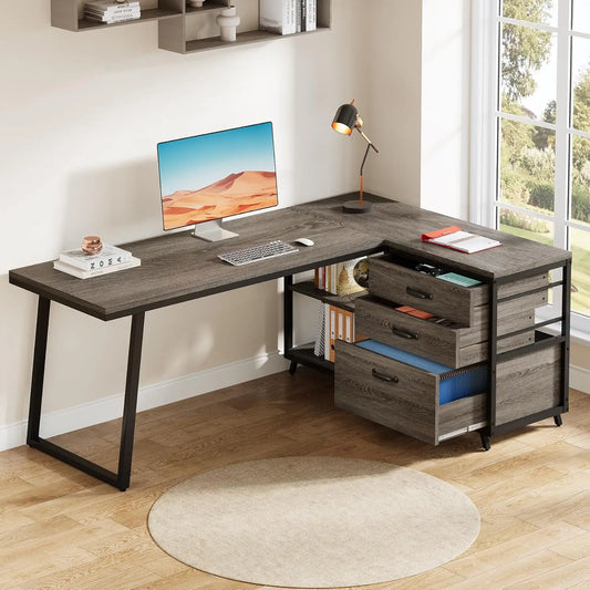 53" L-Shaped Office Desk – Reversible Computer Desk with 3 File Drawers & 2 Storage Shelves for Home Office, Study, or Gaming Room
