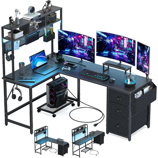 94.5" Gaming Desk with Pegboard Shelves – L-Shaped Computer Desk with Drawers, Power Outlet, LED Lights & Monitor Stand
