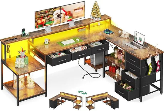 L-Shaped Desk with 7 File Drawers – Computer Desk with Monitor Shelf & Power Outlets for Home Office Storage