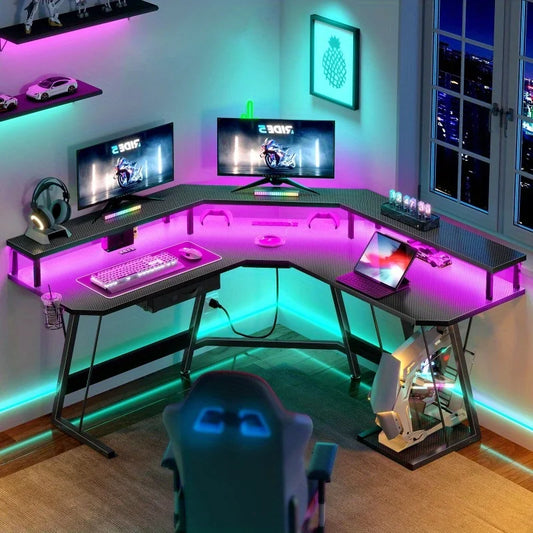 Gaming Corner Desk – L-Shaped Computer Desk with RGB LED Lights & Built-In Power Outlets
