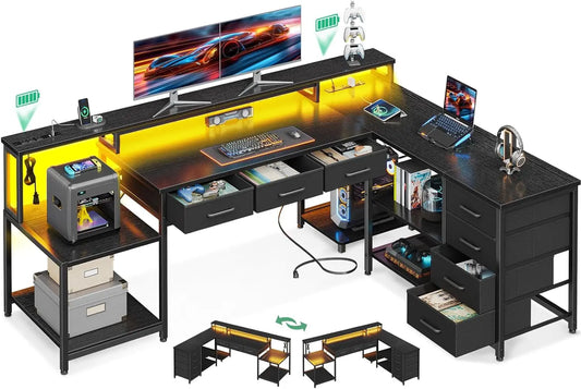 L-Shaped Desk with 7 File Drawers – Computer Desk with Monitor Shelf & Power Outlets for Home Office Storage