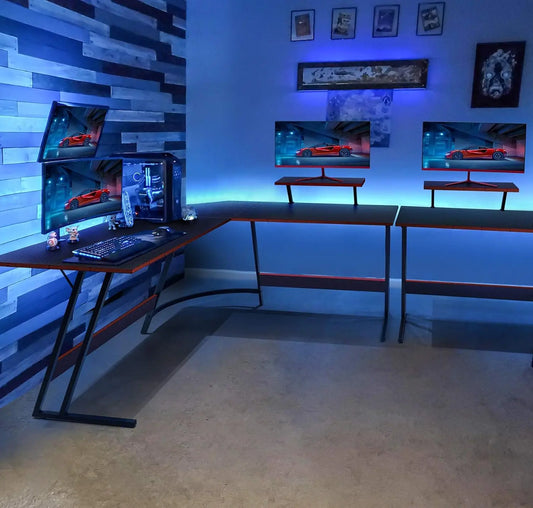 L-Shaped Gaming Computer Desk – Corner PC Desk with Large Monitor Riser for Home Office & Study