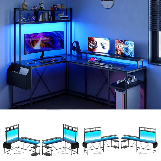 L-Shaped Computer Gaming Desk with LED Lights & Power Outlets – 67" Reversible Large Desk with Monitor Stand & Storage
