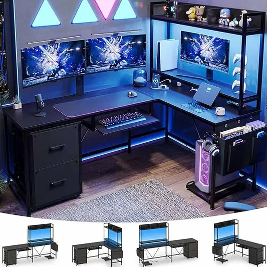 L-Shaped Gaming Desk with Keyboard Tray – Reversible Computer Desk with Power Outlet, Corner Home Office Desk with Mobile File Cabinet