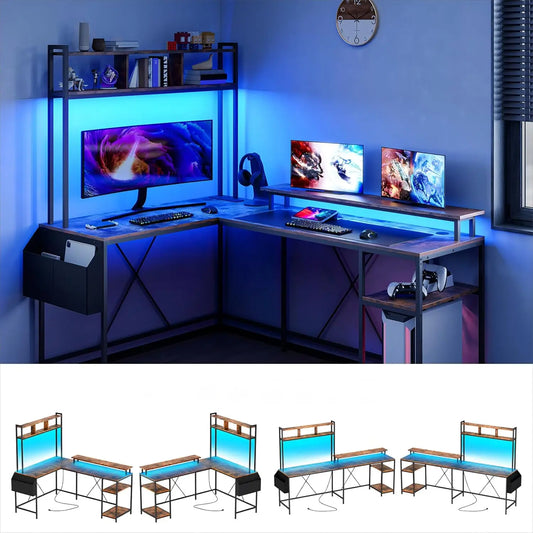 L-Shaped Computer Gaming Desk with LED Lights & Power Outlets – 67" Reversible Large Desk with Monitor Stand & Storage