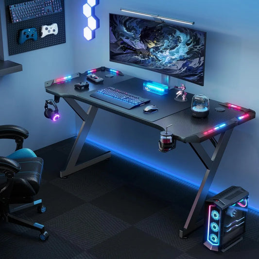 47" Gaming Desk with LED Lights – Ergonomic Computer Table with Carbon Fiber Surface, Sturdy PC Workstation Desk for Home Office