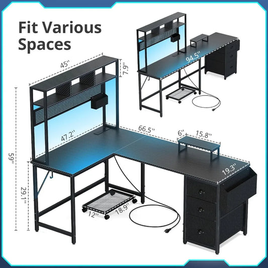 94.5" Gaming Desk with Pegboard Shelves – L-Shaped Computer Desk with Drawers, Power Outlet, LED Lights & Monitor Stand