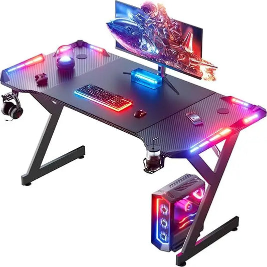 47" Gaming Desk with LED Lights – Ergonomic Computer Table with Carbon Fiber Surface, Sturdy PC Workstation Desk for Home Office