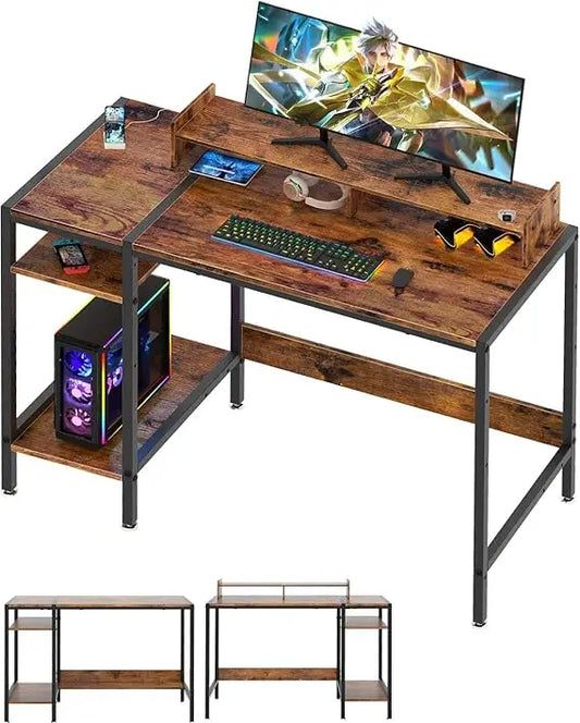 39" Computer Gaming Desk – Home Office Table with Monitor Stand & Adjustable Storage