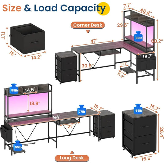 L-Shaped Gaming Desk with Keyboard Tray – Reversible Computer Desk with Power Outlet, Corner Home Office Desk with Mobile File Cabinet